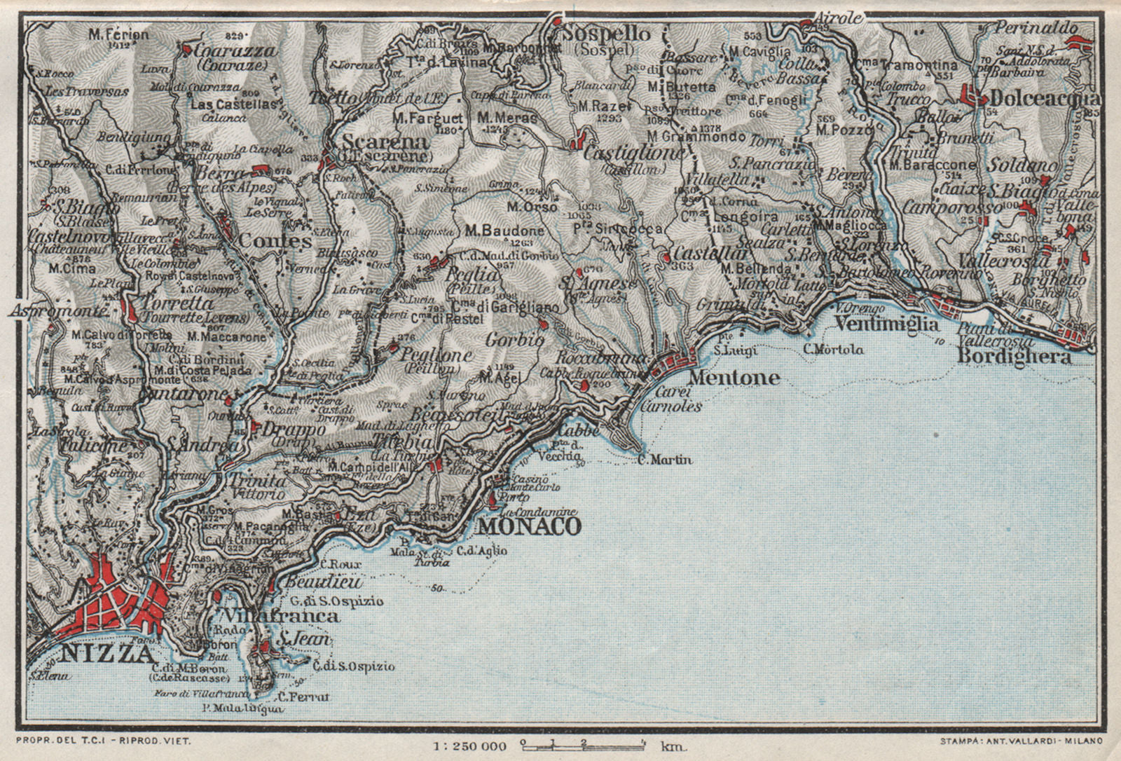 CÔTE D'AZUR. Nizza (Nice) Nice Monaco Menton Bordighera Villefranche 1924 map